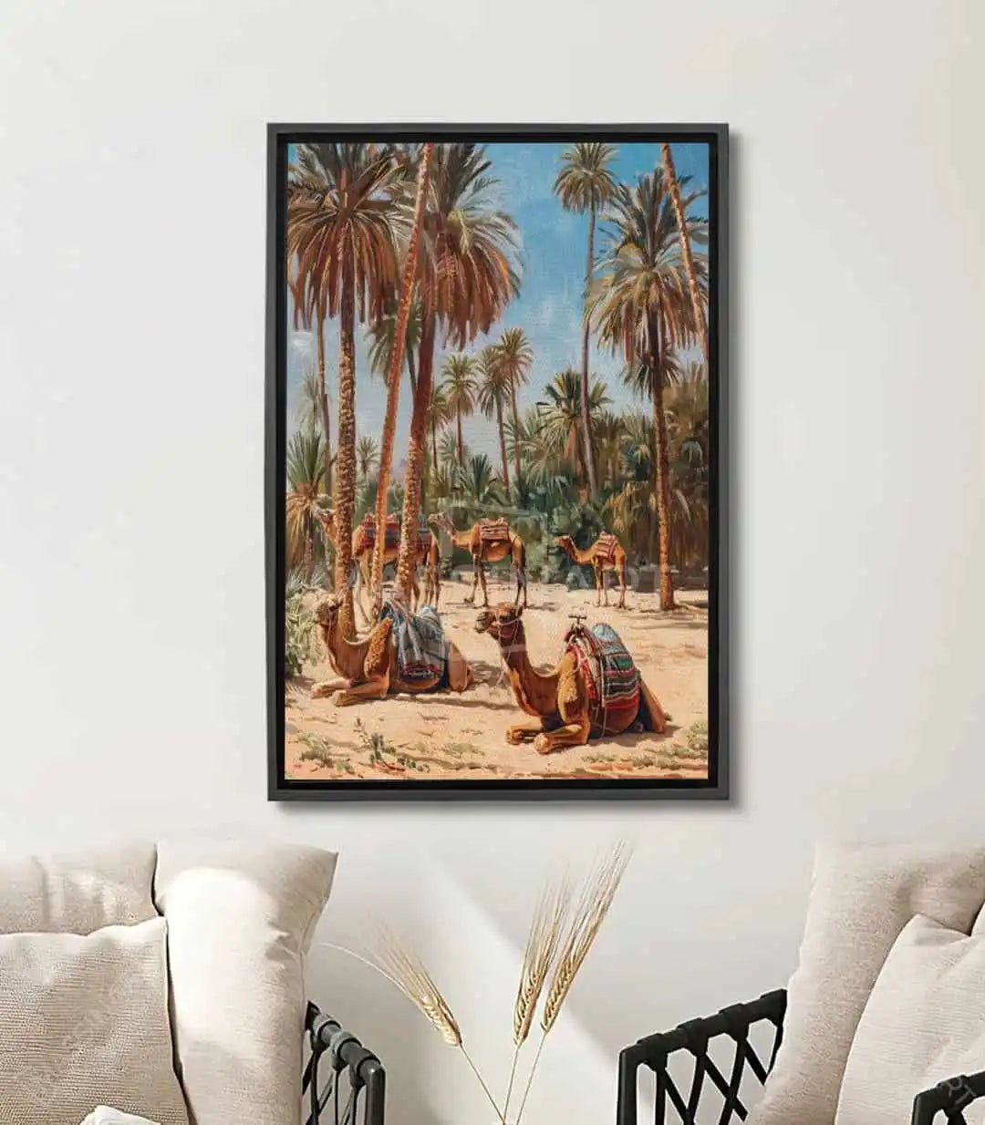 Cuadro Nomads — paisaje de desierto con camellos y palmeras en tonos azul, beige y terracota, Massinart