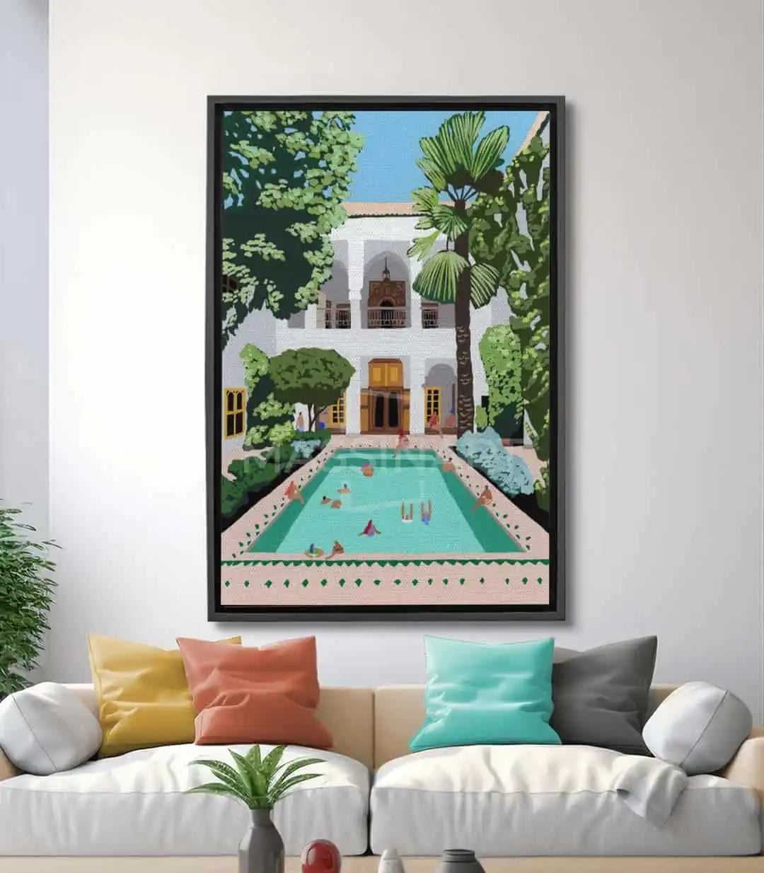 Cuadro Serene Retreat Massinart — riad blanco con piscina turquesa y palmeras