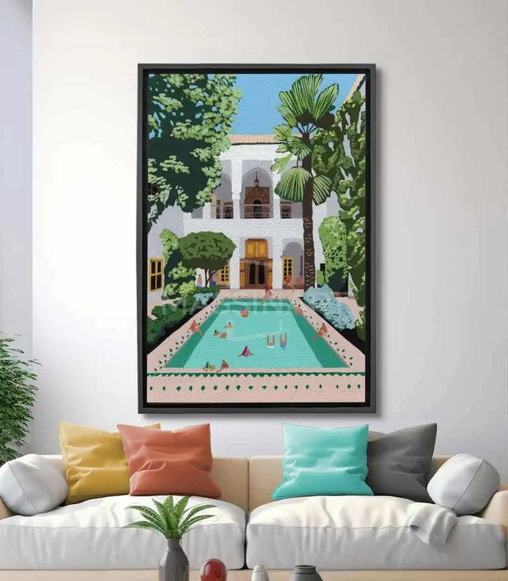 Cuadro Serene Retreat Massinart — riad blanco con piscina turquesa y palmeras