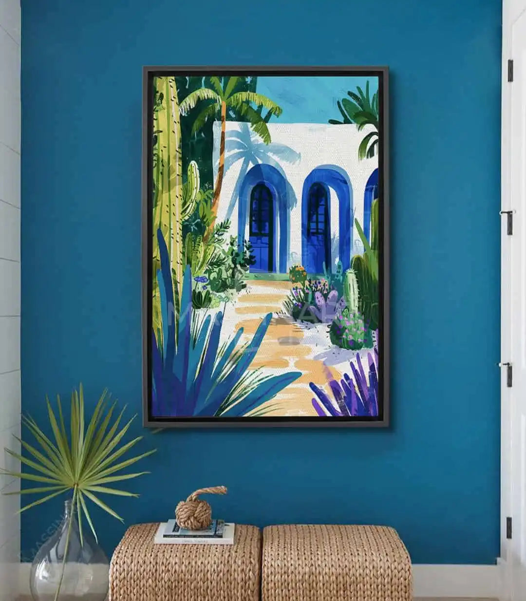 Cuadro Blue Haven - fachada encalada con puertas azules y cactus verdes, estilo mediterráneo, Massinart