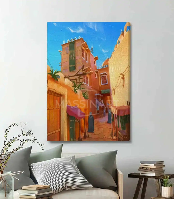 Cuadro paisaje urbano marroquí Golden Alley arquitectura de medina y cielo azul — Massinart