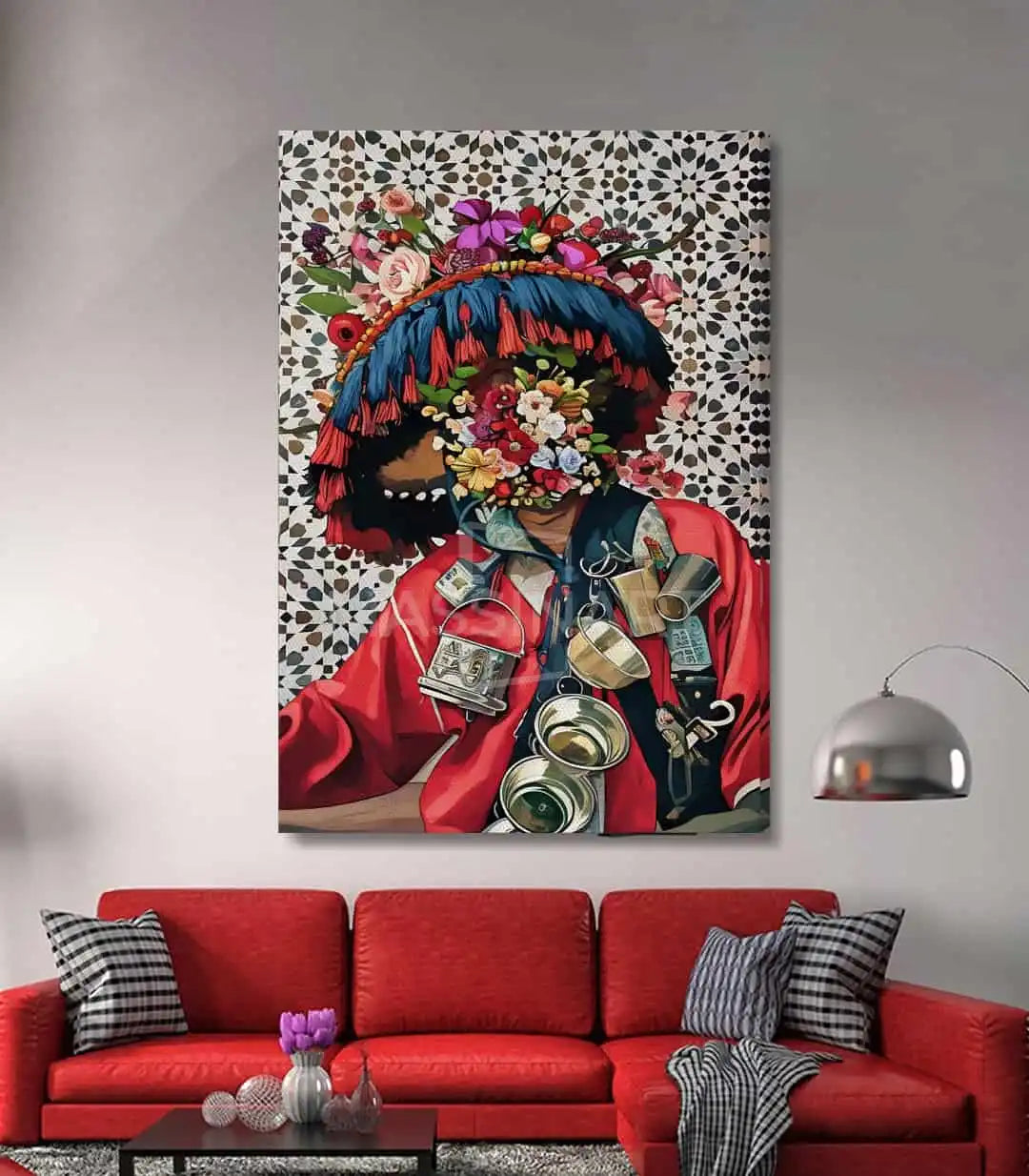 Cuadro Floral Guerrab Massinart — detalle retrato femenino con corona floral y motivos zellige marroquí