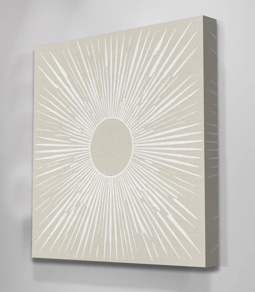 Cuadro minimalista con sol radiante en tonos beige y blanco arte mural moderno