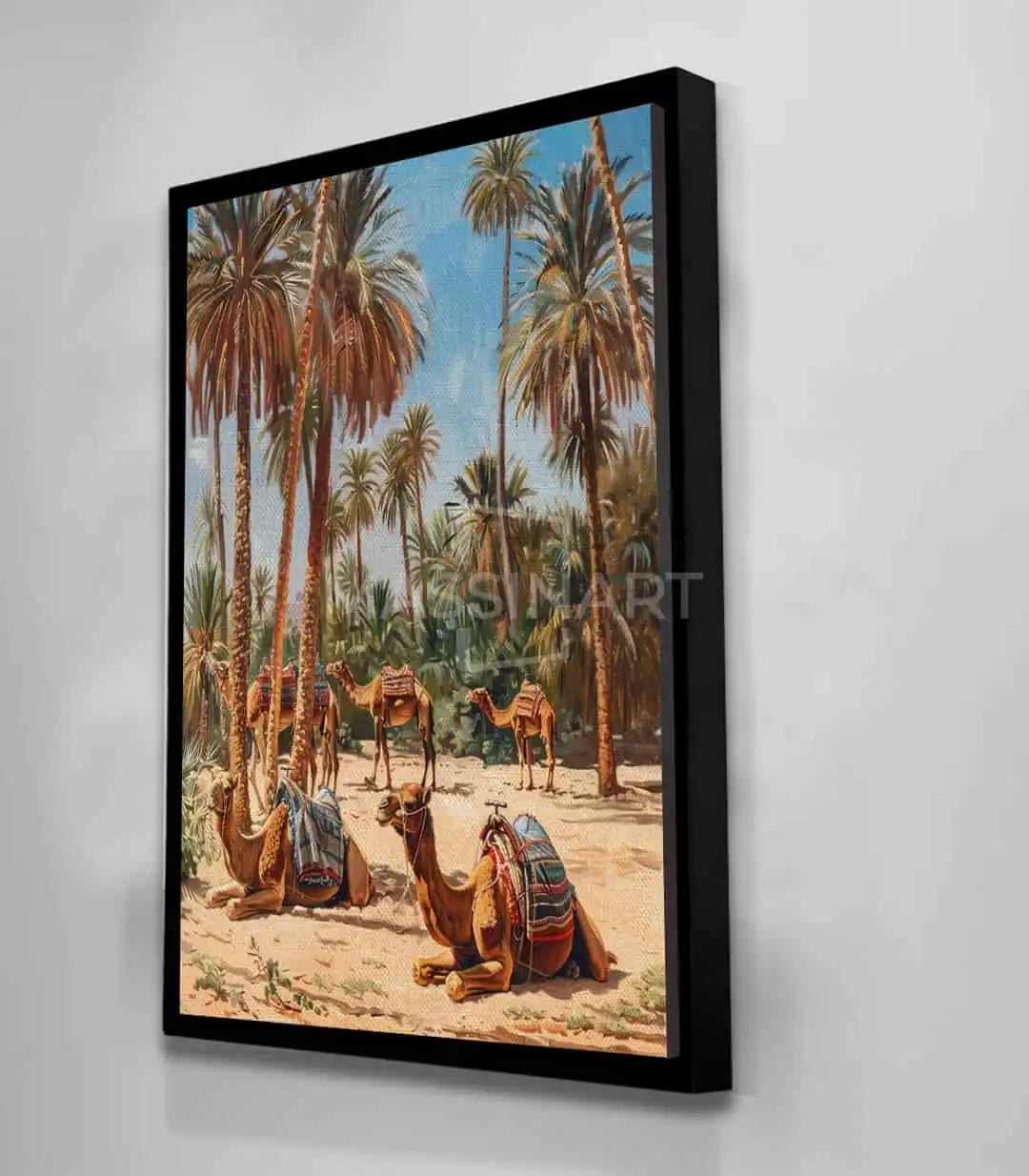 Detalle de la composición figurativa del cuadro Nomads, desierto y oasis, Massinart