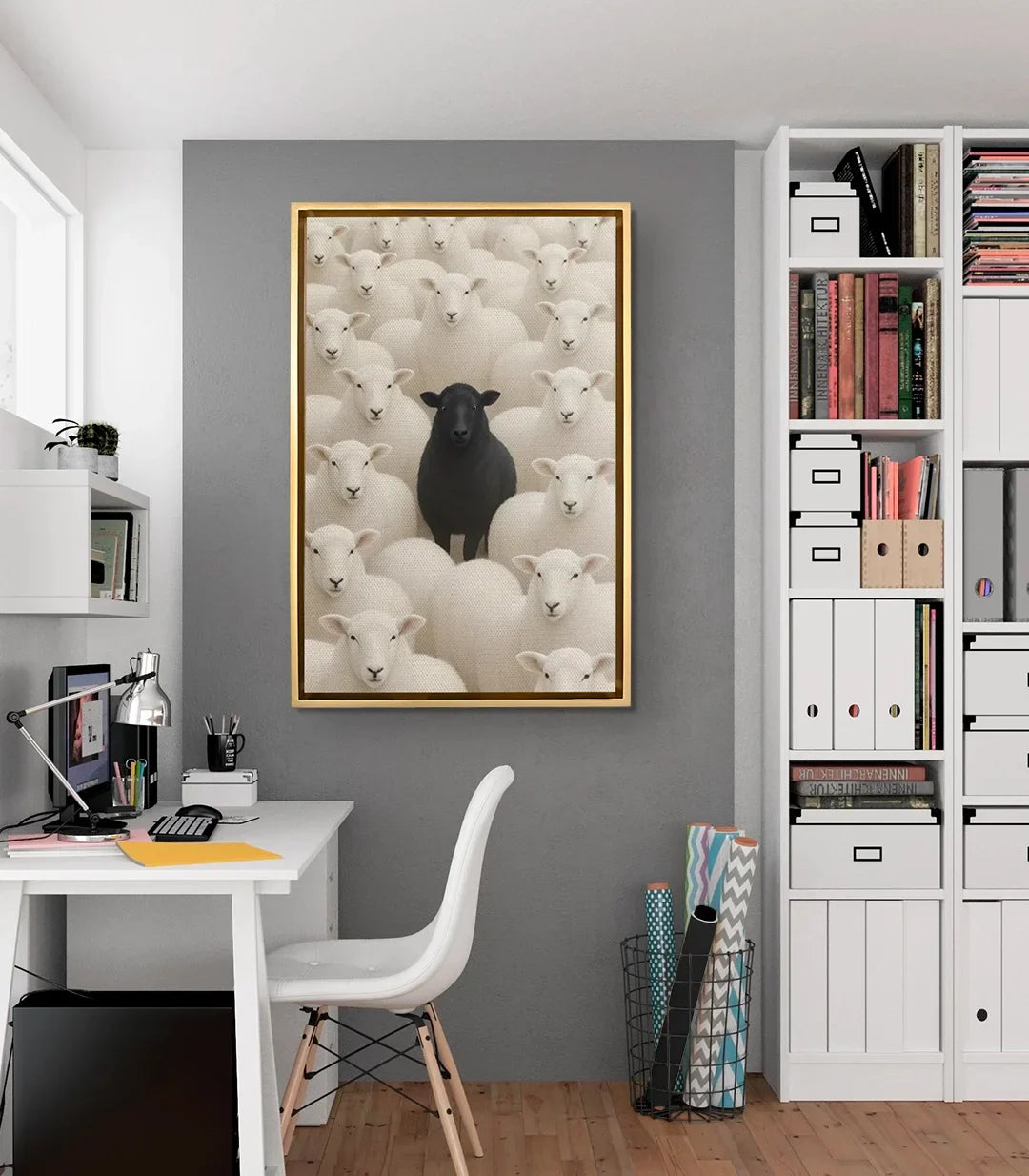 Cuadro oveja negra en salón moderno gris decoración pared Massinart