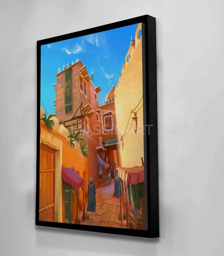 Ambientación dormitorio con cuadro Golden Alley arte mural marroquí — Massinart