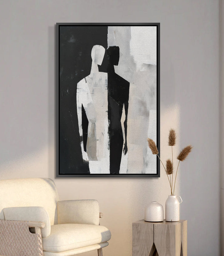 Cuadro Opposite Forces Massinart — siluetas negras y blancas en contraste sobre fondo gris