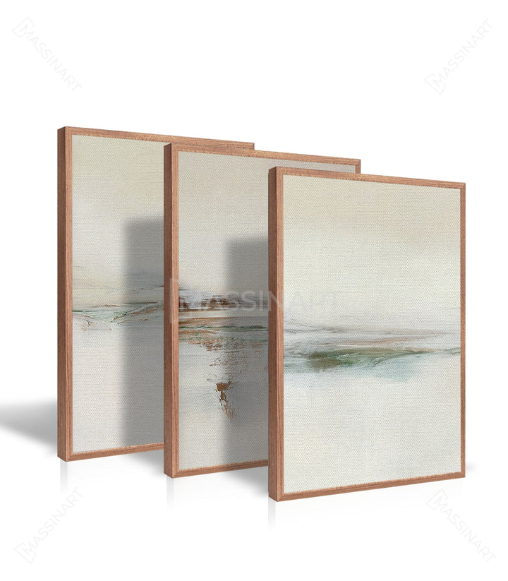 Ambientación decoración salón — tríptico paisaje abstracto en pared blanca, estilo depurado Massinart