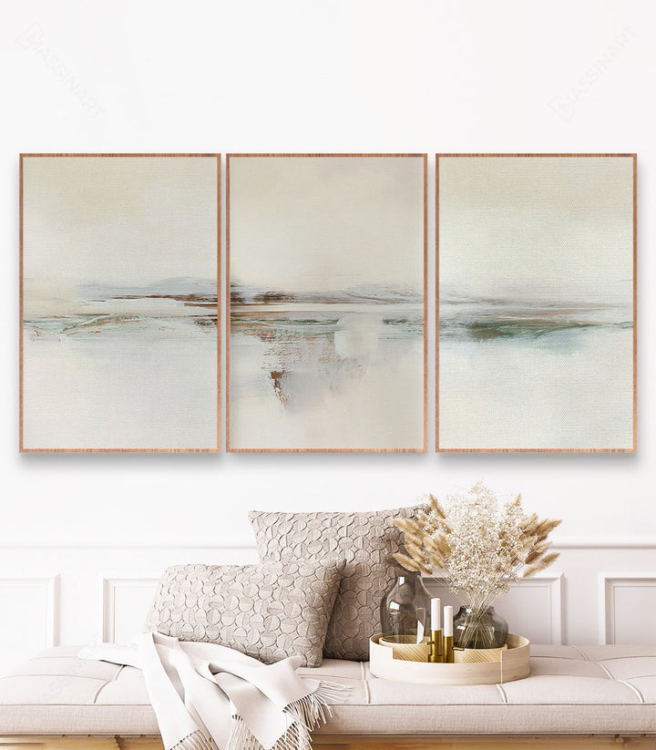 Cuadro Sands of Solace tríptico — paisaje abstracto minimalista en beige y ocre, Massinart