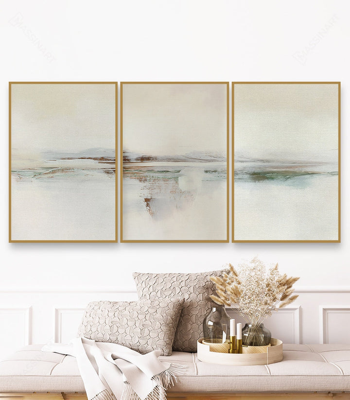 Decoración interior contemporánea — cuadros abstractos tríptico beige y taupe, ambiente zen Massinart