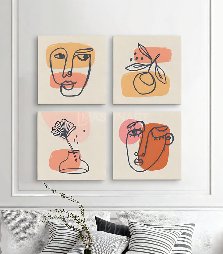 Cuadro Mood line art rostro minimalista en tonos naranja y beige — Massinart