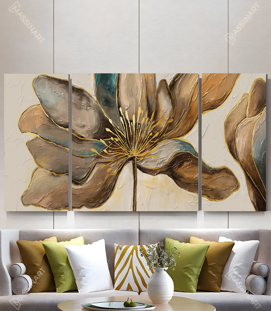 Cuadro abstracto floral tríptico en tonos marrón y dorado — Leafy Flower Massinart