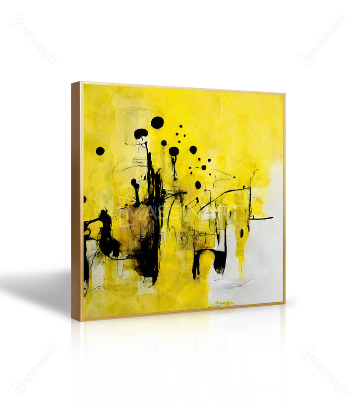 Vista en primer plano de trazos expresivos y elementos abstractos del cuadro amarillo — Massinart