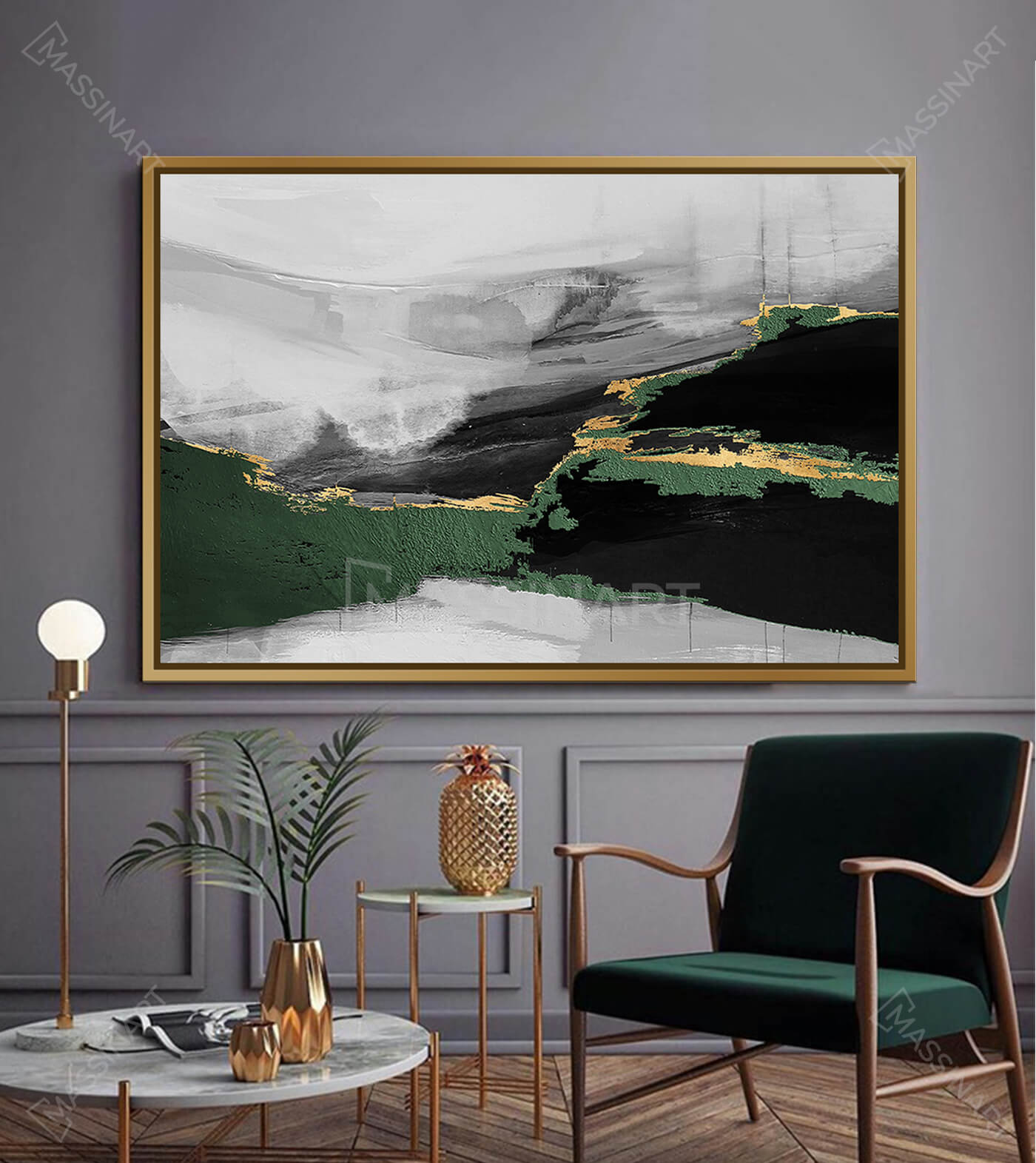 Cuadro Lush Darkness abstracto minimalista en gris y dorado — Massinart