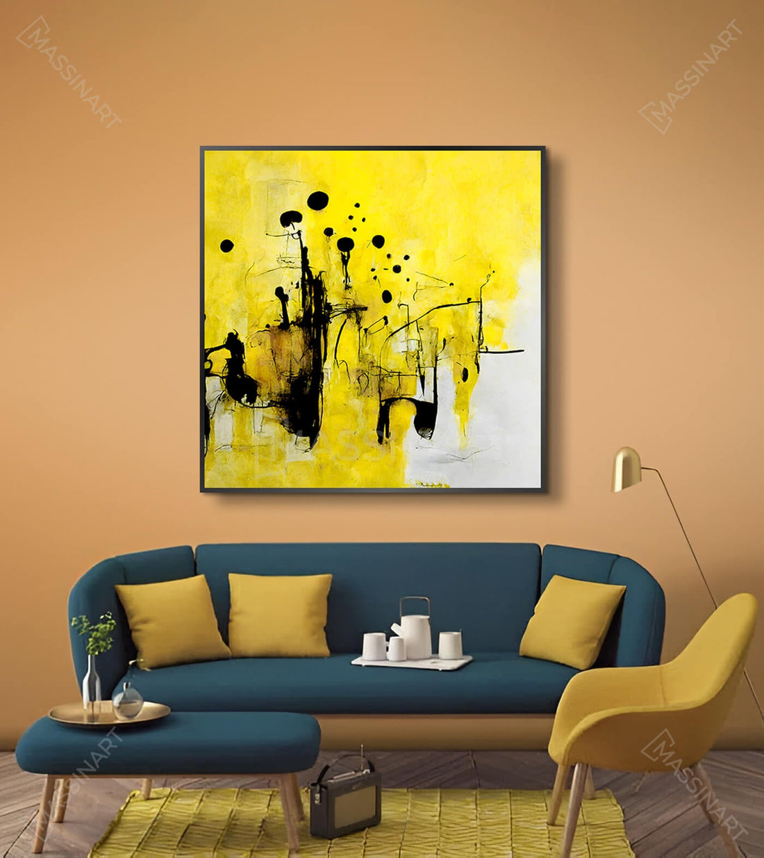 Cuadro abstracto Yellow Fusion en amarillo y negro con formas geométricas dinámicas — Massinart