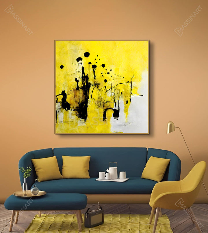 Ambientación salón moderno con cuadro abstracto amarillo sobre sofá azul — Massinart