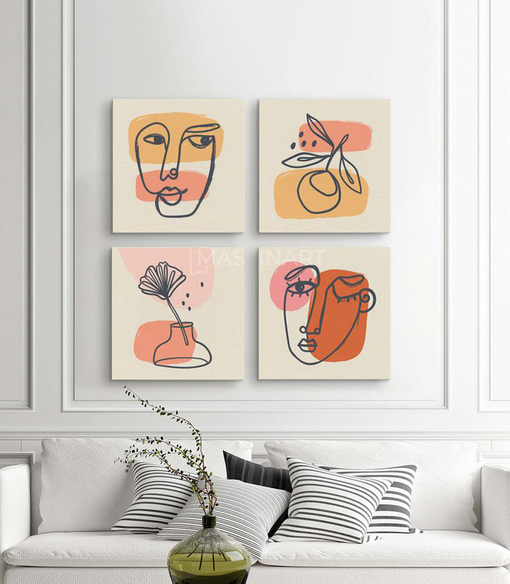 Cuadro abstracto beige y rosa estilo line art en salón moderno — Massinart