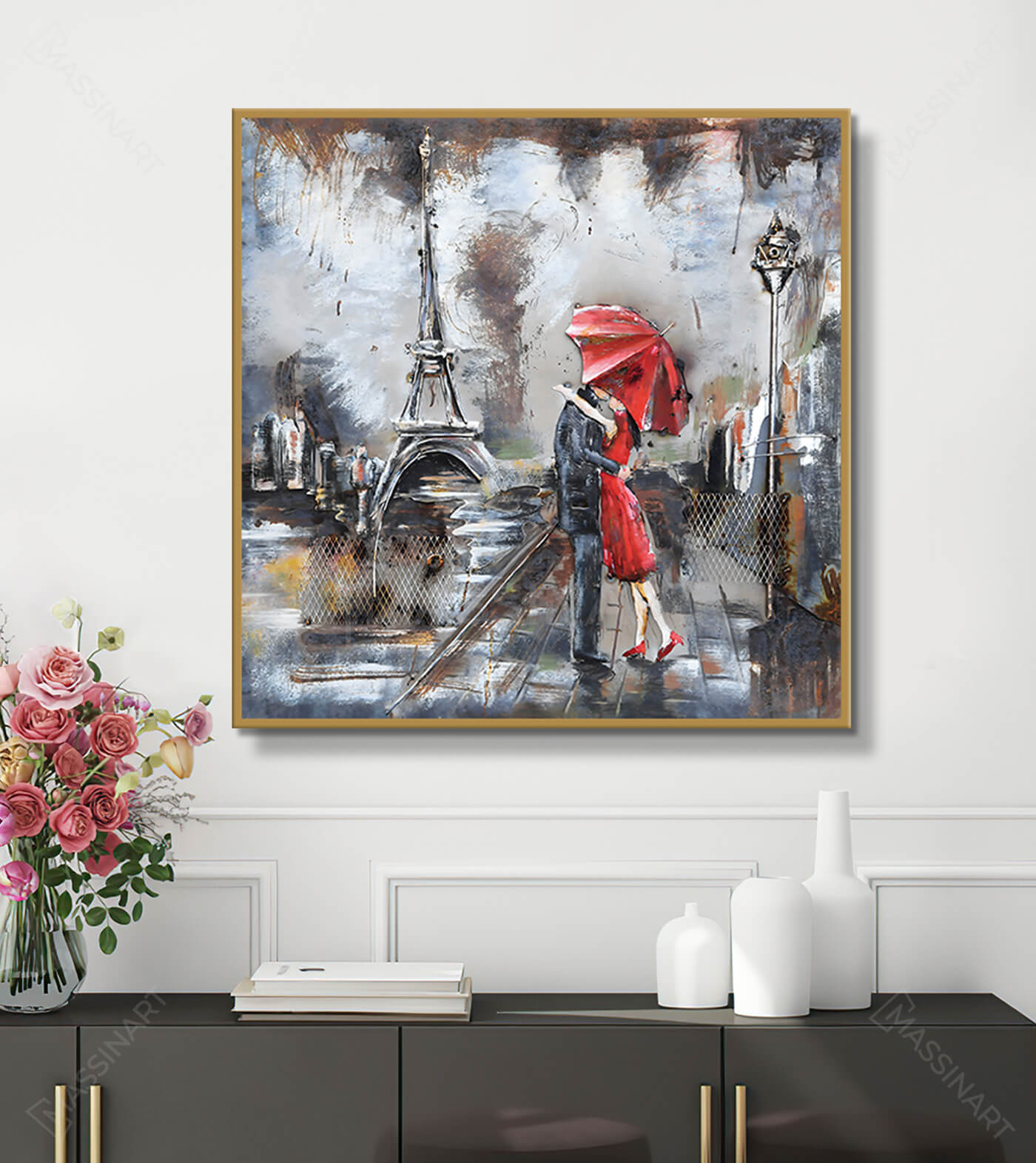 Decoración de pasillo blanco con cuadro París de amor, ambiente parisino romántico, Massinart