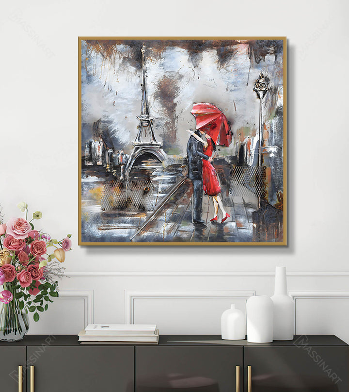 Decoración de pasillo blanco con cuadro París de amor, ambiente parisino romántico, Massinart