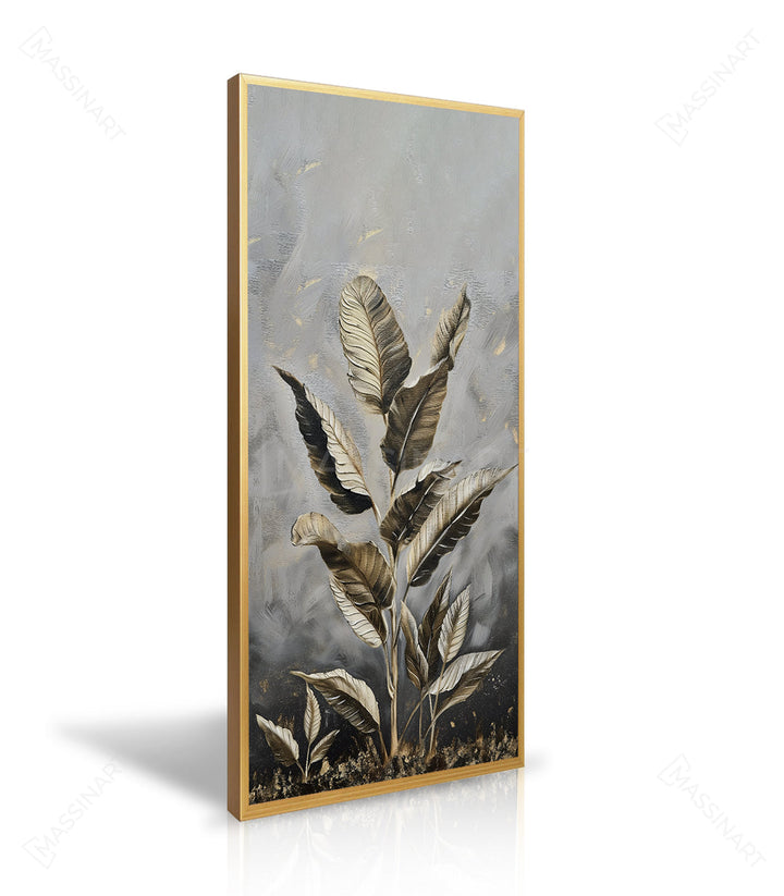 Detalle cuadro naturaleza hojas estilizadas con marco de madera, estilo moderno