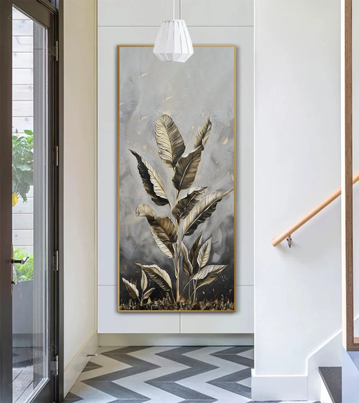 Cuadro Solo Tropicana hojas doradas estilizadas sobre fondo gris, arte botánico abstracto
