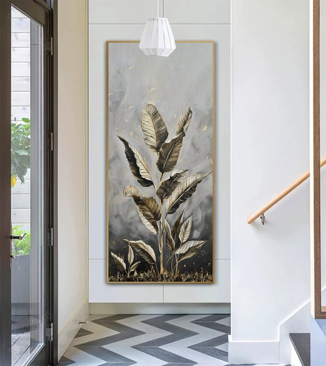 Cuadro Solo Tropicana hojas doradas estilizadas sobre fondo gris, arte botánico abstracto