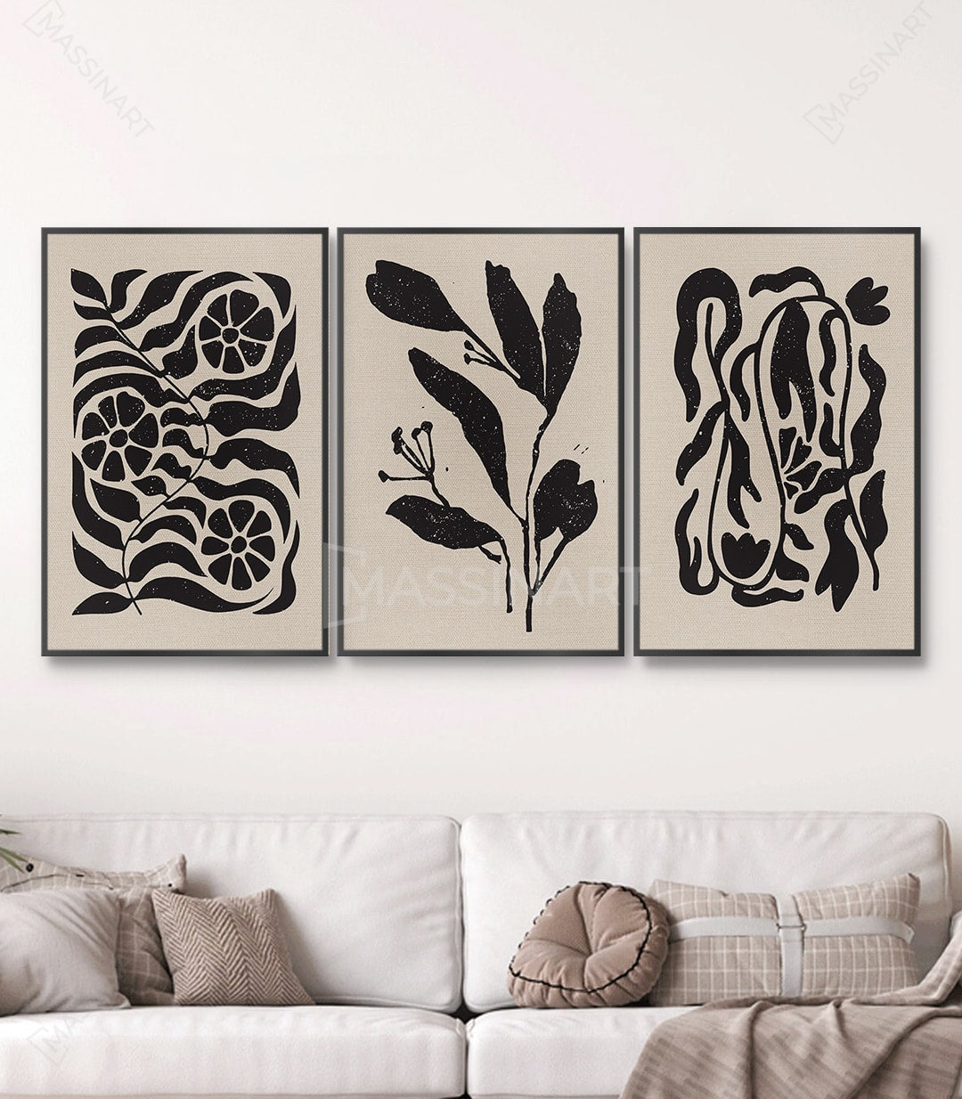 Cuadro botánico minimalista hojas negro y beige Massinart