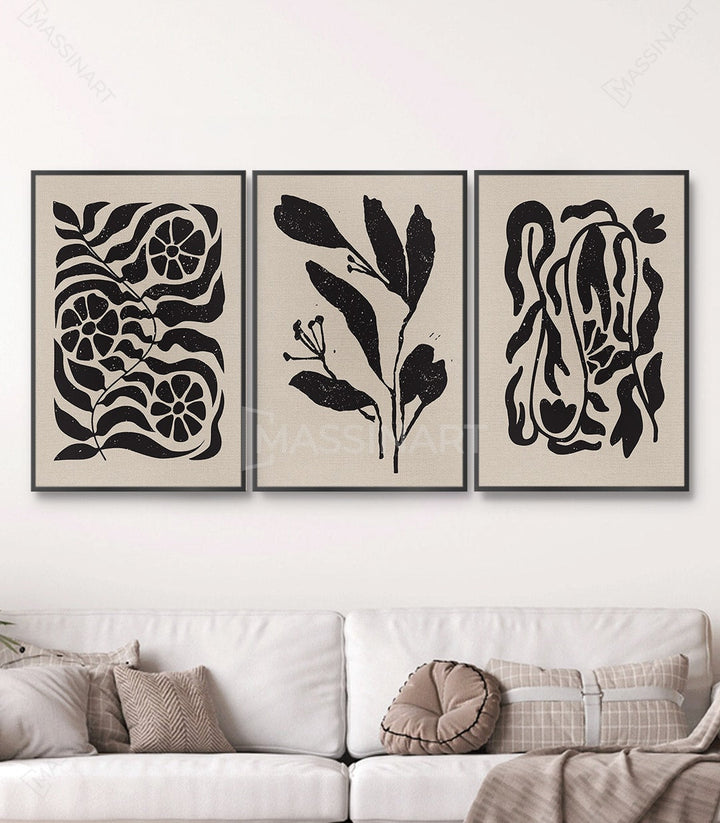 Cuadro botánico minimalista hojas negro y beige Massinart
