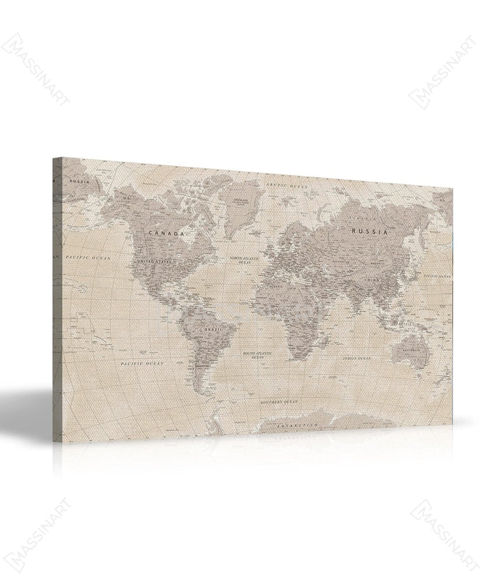 Lámina geográfica mundo estilo clásico beige, cuadro decorativo