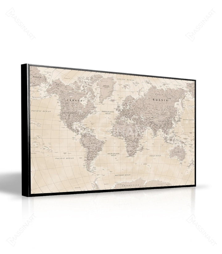 Cuadro mundo continentes estilo retro beige, arte mural decorativo
