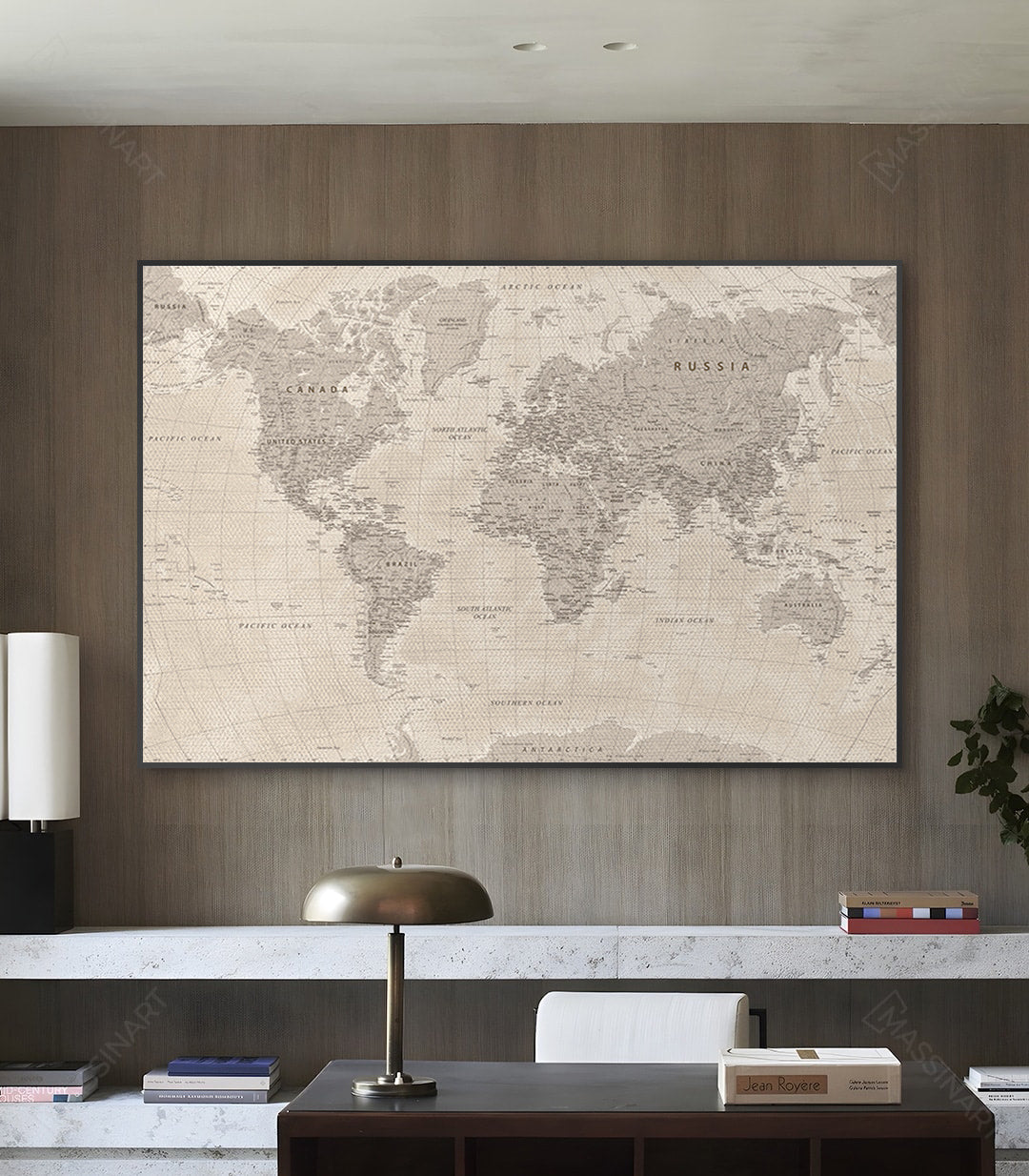Cuadro mapamundi detallado estilo vintage en tonos beige y crema, decoración pared