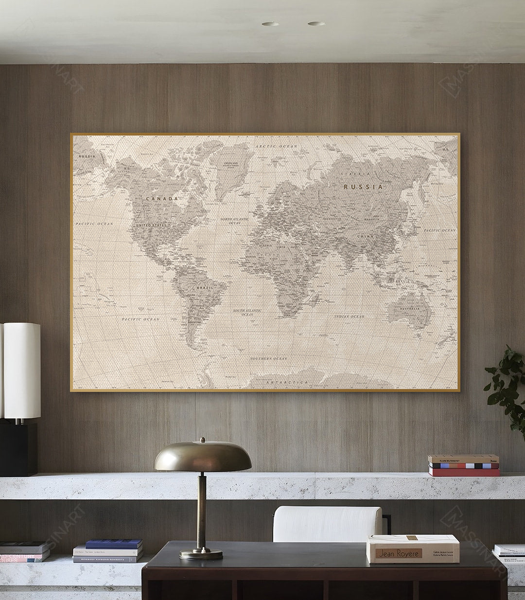 Cuadro mapamundi beige en salón moderno, decoración mural contemporánea