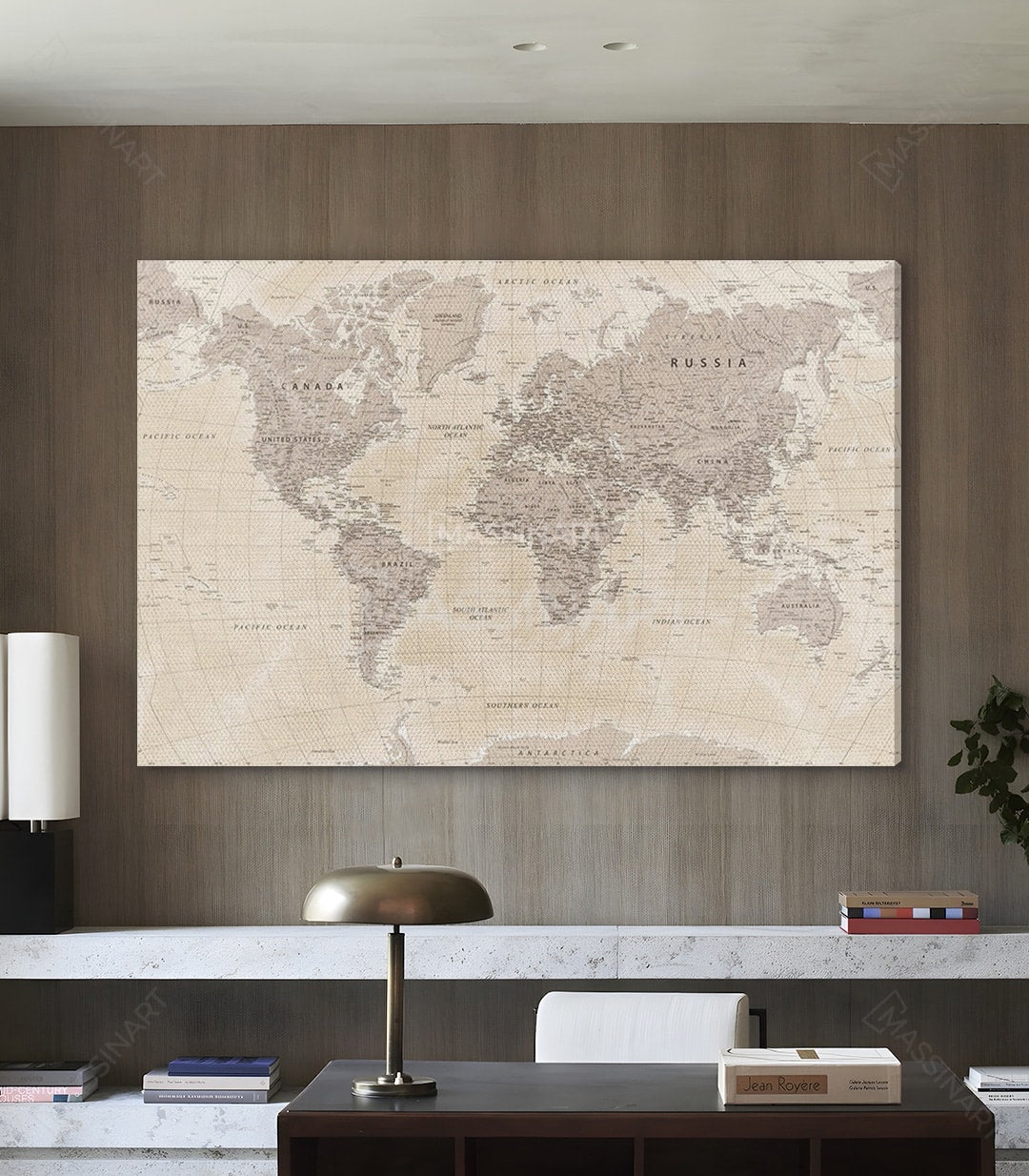 Decoración de escritorio con mapa geográfico vintage en tonos neutros