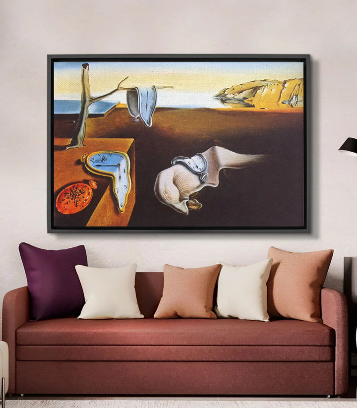 Cuadro de Dalí La persistencia de la memoria en salón moderno — decoración de pared surrealista, Massinart