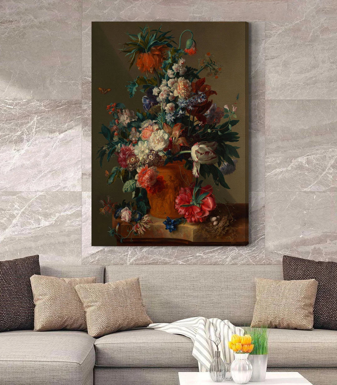 Cuadro Jarrón de Flores — detalle botánico de rosas y claveles pintados, Massinart