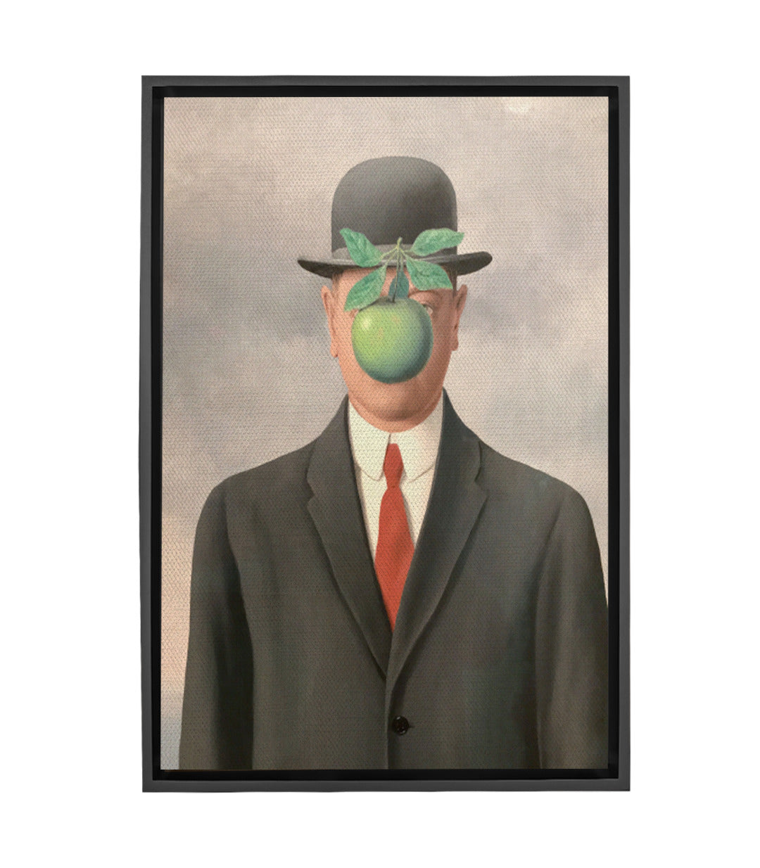 Cuadro El hijo del hombre — hombre con traje y manzana verde cubriendo el rostro, estilo surrealista Magritte | Massinart