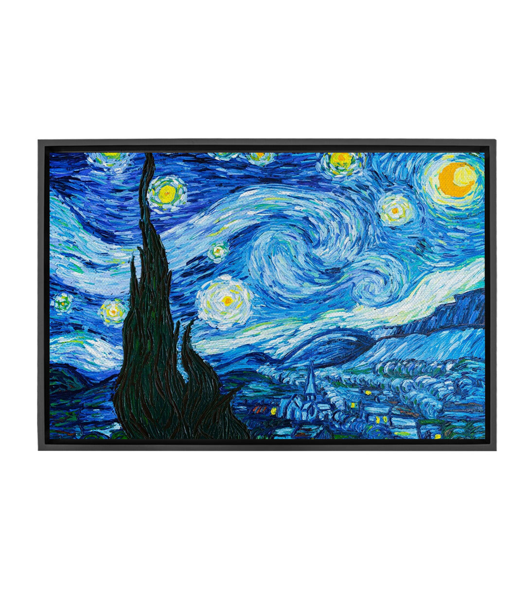 Cuadro La Noche Estrellada de Van Gogh - cielo azul en espiral, ciprés negro y luna amarilla, Massinart