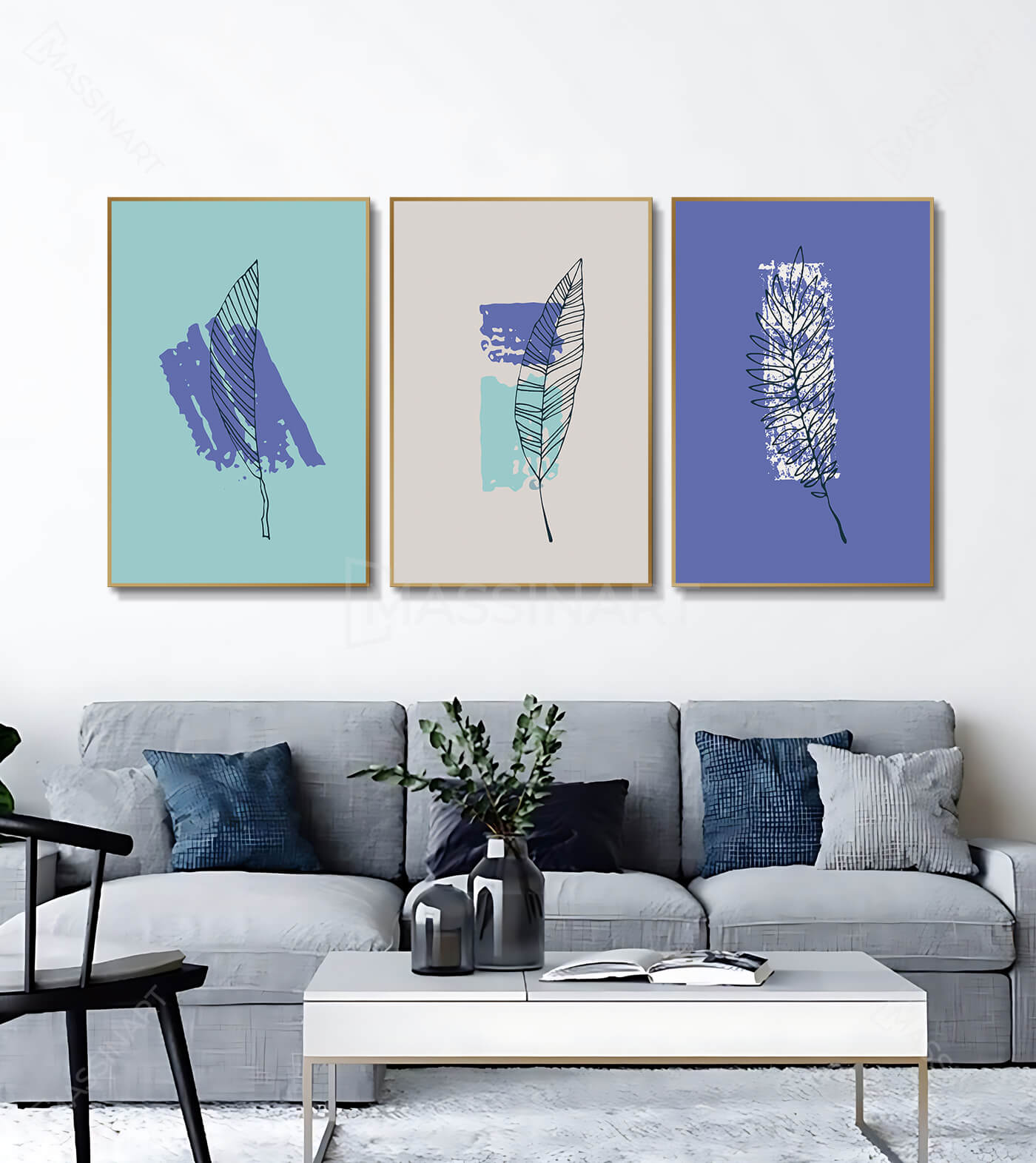 Cuadro hoja abstracta sobre fondo azul y malva, arte botánico minimalista para pared