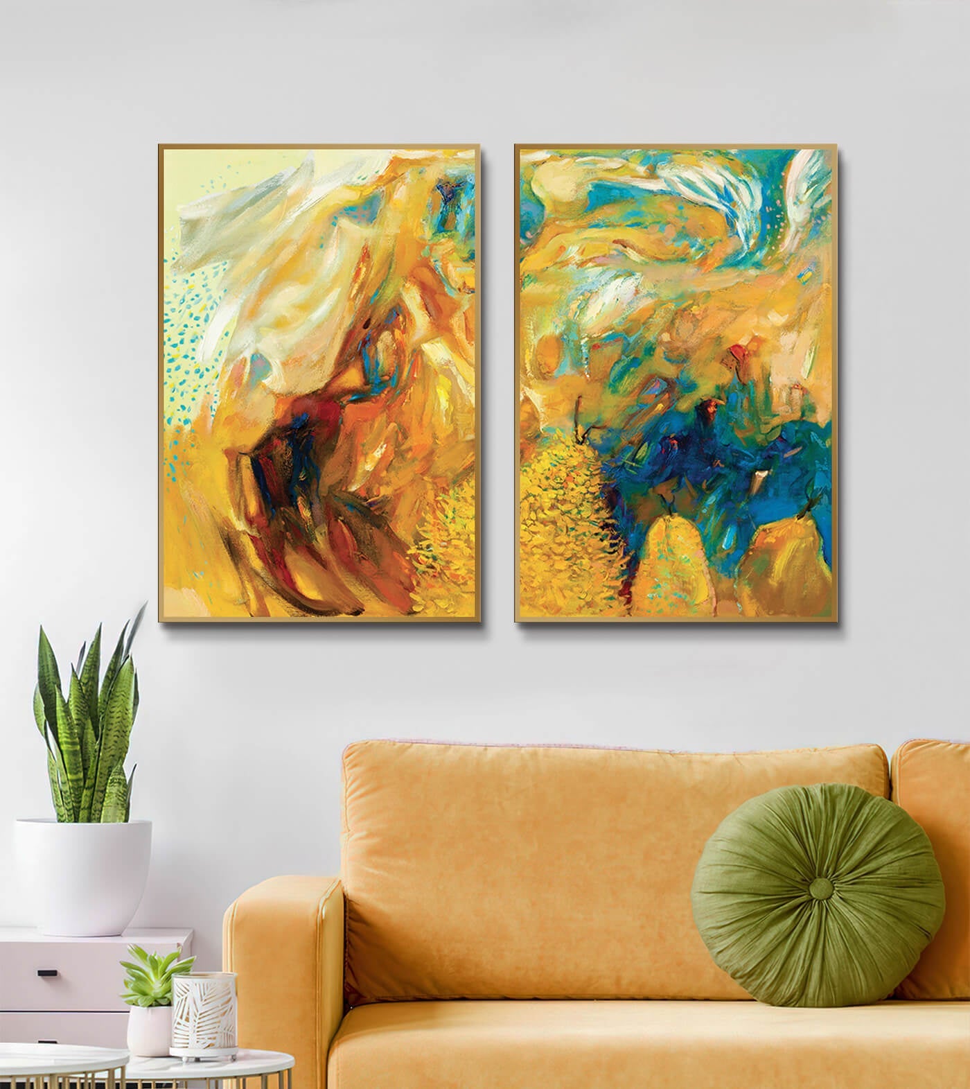 Lienzo abstracto con paisaje dinámico en tonos cálidos y fríos, decoración pared interior