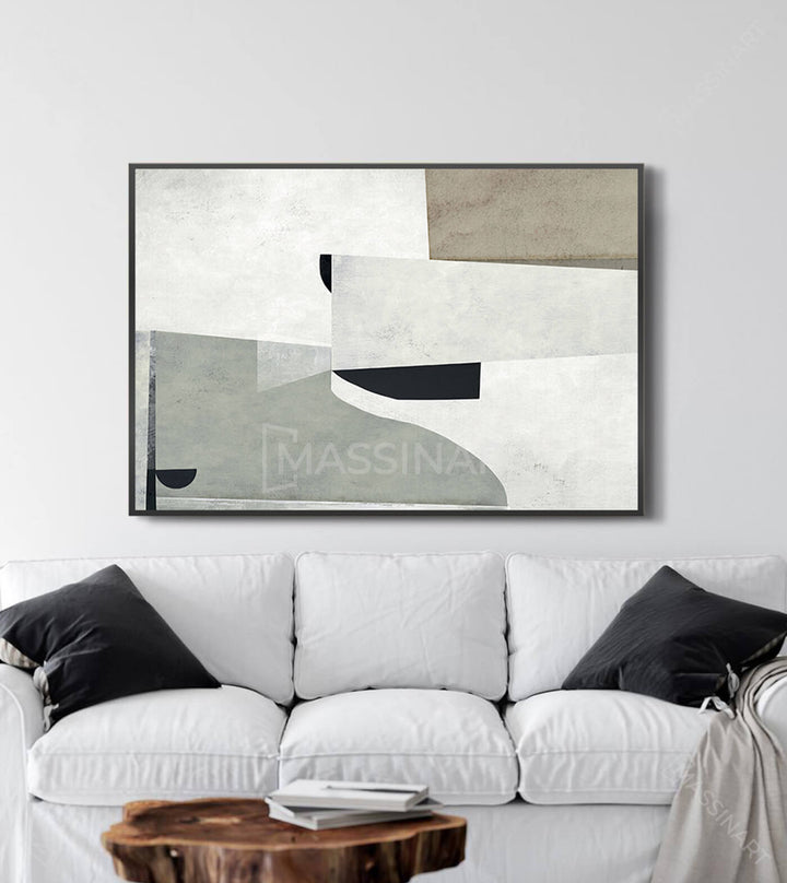 Cuadro abstracto minimalista sobre sofá blanco en salón moderno — Massinart