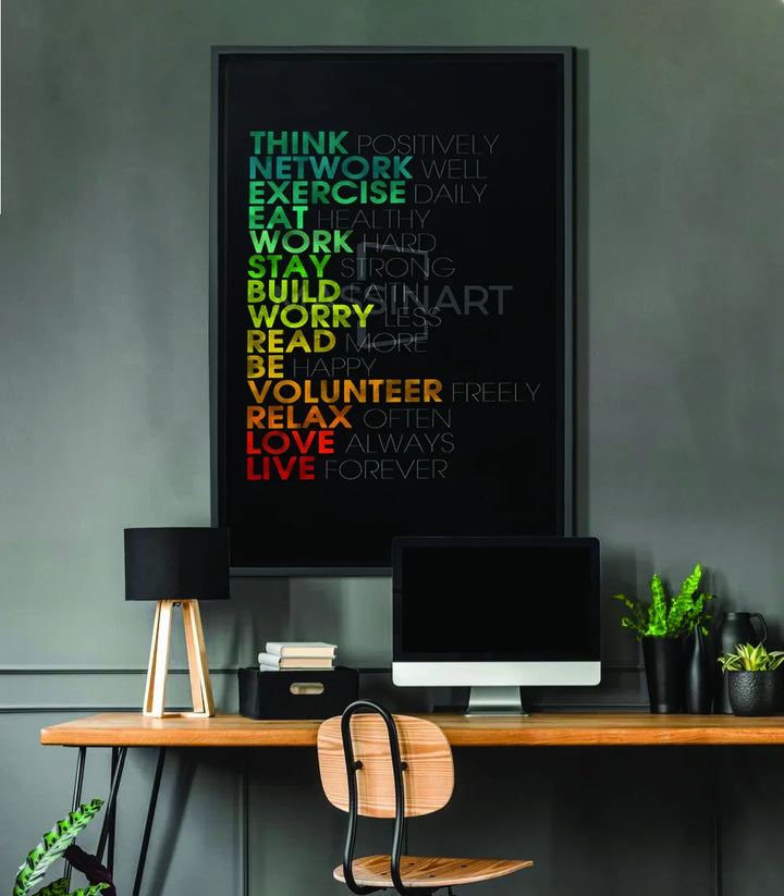 Cuadro Think Grow tipografía motivacional con degradado de colores turquesa naranja y rojo