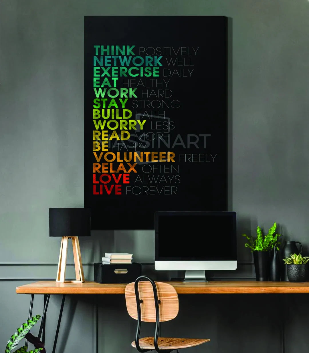 Cuadro con cita de desarrollo personal en degradado de colores vivos Think Grow