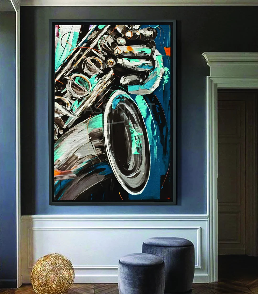 Cuadro Raw Jazz Massinart — saxofón expresionista en azul turquesa y negro