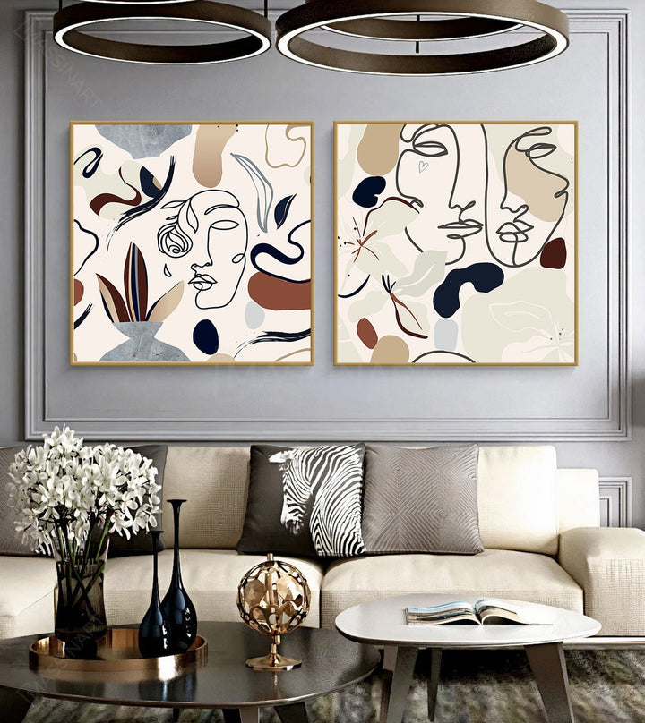 Decoración interior contemporánea — cuadro minimalista rostros peonía con luminarias de diseño — Massinart