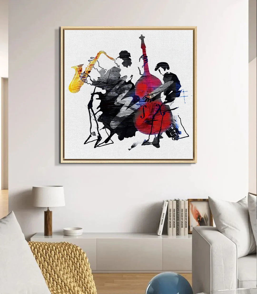 Cuadro Jazzique en dormitorio minimalista — arte mural decorativo Massinart