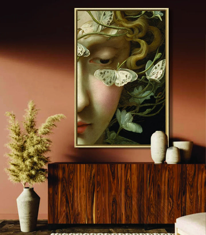 Cuadro Dream Gaze en salón moderno — decoración de pared con fondo terracota, estilo contemporáneo
