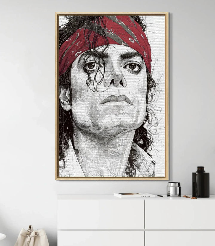Cuadro retrato Michael Jackson vertical colgado sobre mueble blanco contemporáneo — Massinart