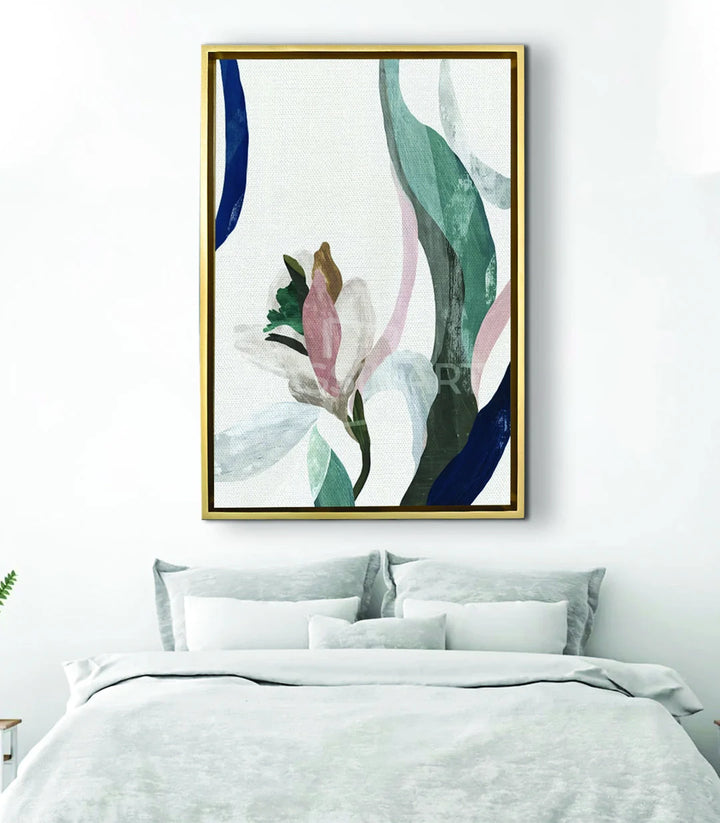 Cuadro Minimal Blossom decorando un dormitorio moderno Massinart