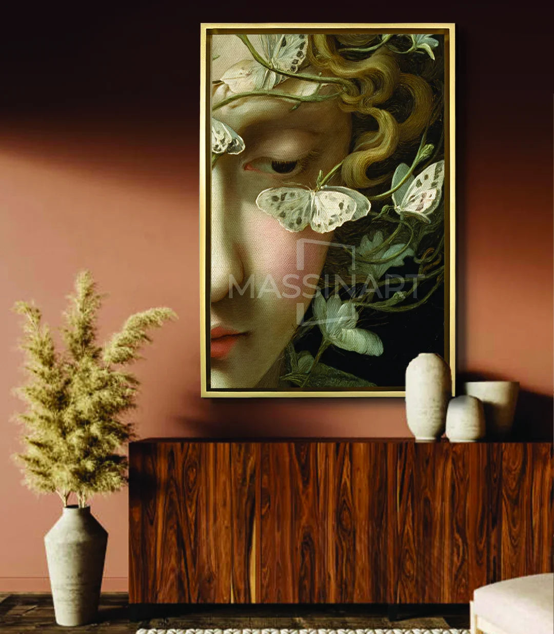 Cuadro Dream Gaze decoración dormitorio — lienzo figurativo en habitación de tonos neutros