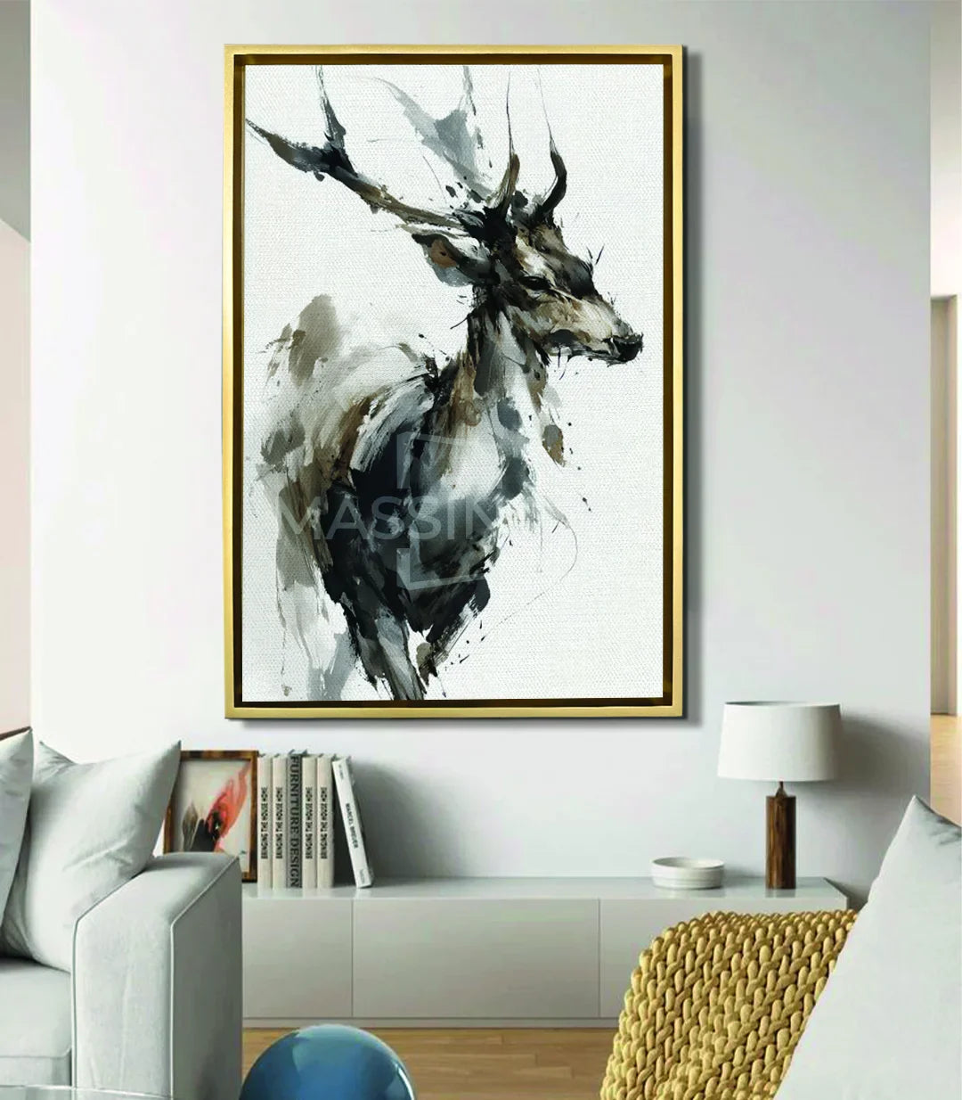 Cuadro ciervo Mystic Deer en decoración de salón moderno minimalista — Massinart